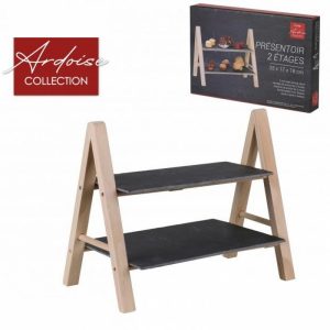 PRESENTOIR BOIS 2 ETAGES PLATEAU EN ARDOISE RECTANGULAIRE 33 X 17 X 18 CM